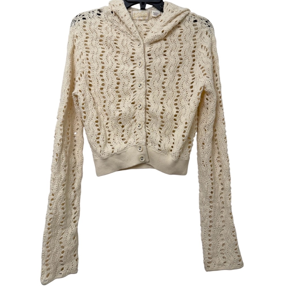 Guinevere Anthropologie Ivory Hooded Crochet Cardigan Sweater Romantic Boho